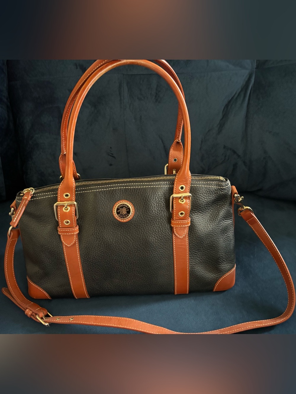 Vintage Dooney & Bourke Leather Satchel navy blue tan brown shoulder bag